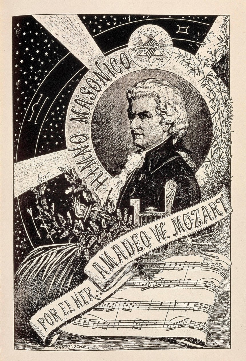 Afbeelding van de Oostenrijkse componist Wolfgang Amadeus Mozart (1756-1791), een vrijmetselaar geassocieerd met het Encyclopedisch Woordenboek van de Vrijmetselarij, eind 19e - begin 20e eeuw (gravure) door Claudio Castelucho