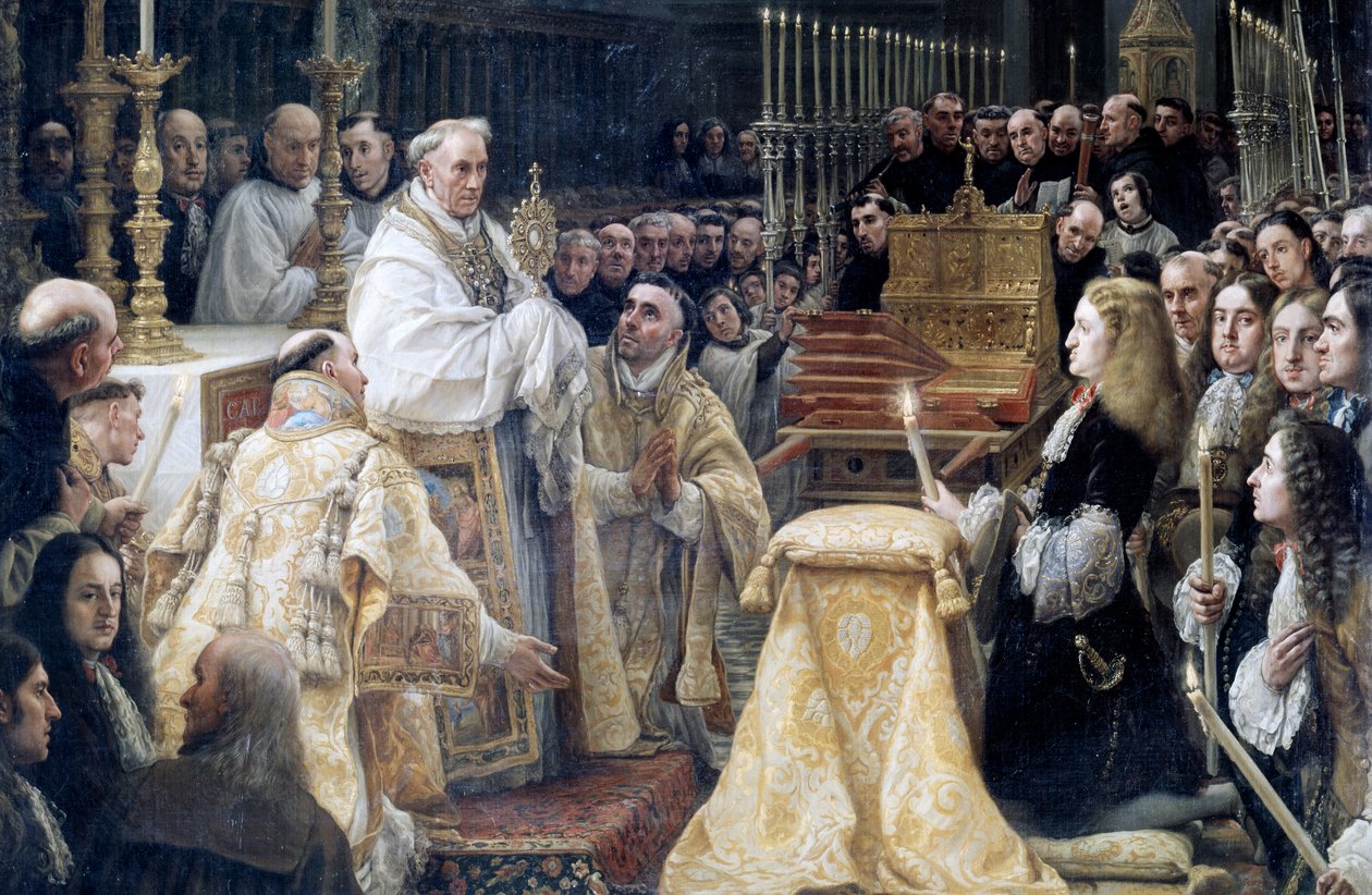Karel II van Spanje in aanbidding van de Heilige Eucharistie door Claudio Coello