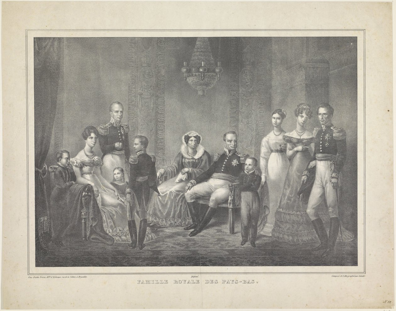 Familieportret van Willem I Frederik, koning der Nederlanden, Wilhelmina van Pruisen, hun zoons met echtgenotes, hun dochter en vier kleinkinderen door Claudio Linati