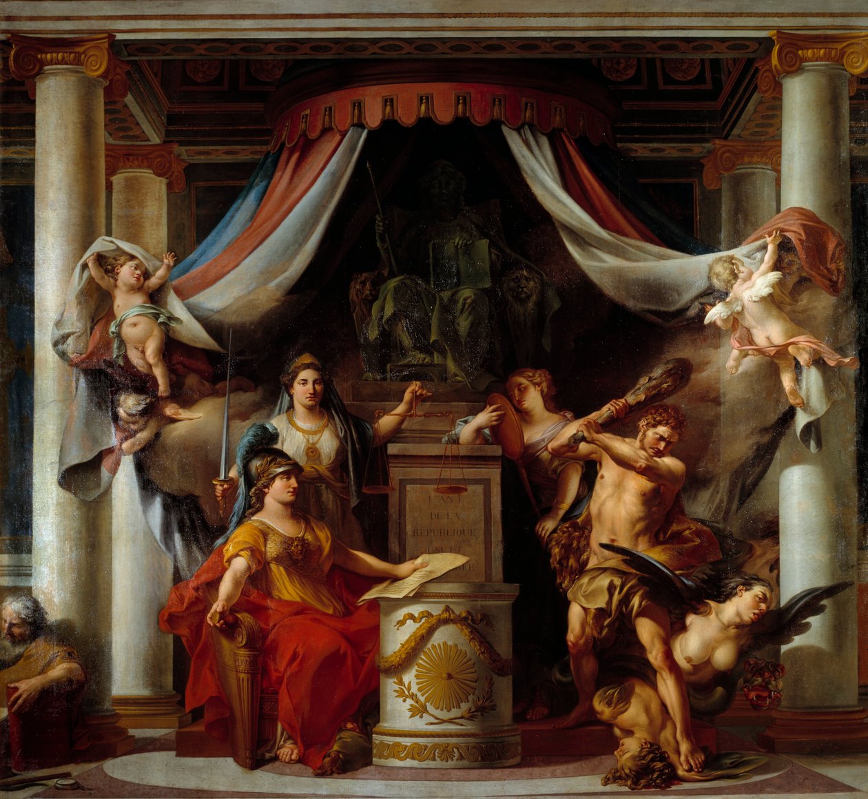 Allegorie van de Revolutie: in het midden overhandigt Minerva Hercules het decreet dat de ondeugden van het Ancien regime afschaft door Clement Louis Marie Anne Belle