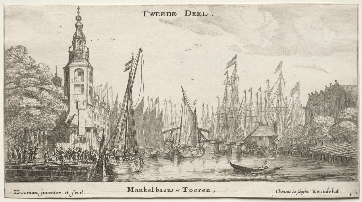 Verschillende Schepen en Zichten van Amsterdam, Deel II: Kanaal bij Amsterdam en Toren van Monkel door Clement de Jonghe
