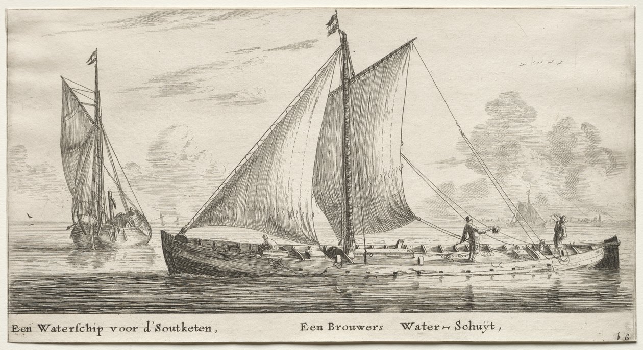 Verschillende schepen en uitzichten van Amsterdam, deel II: Een waterschip op weg naar de Soutketen. Een brouwerswaterschip door Clement de Jonghe