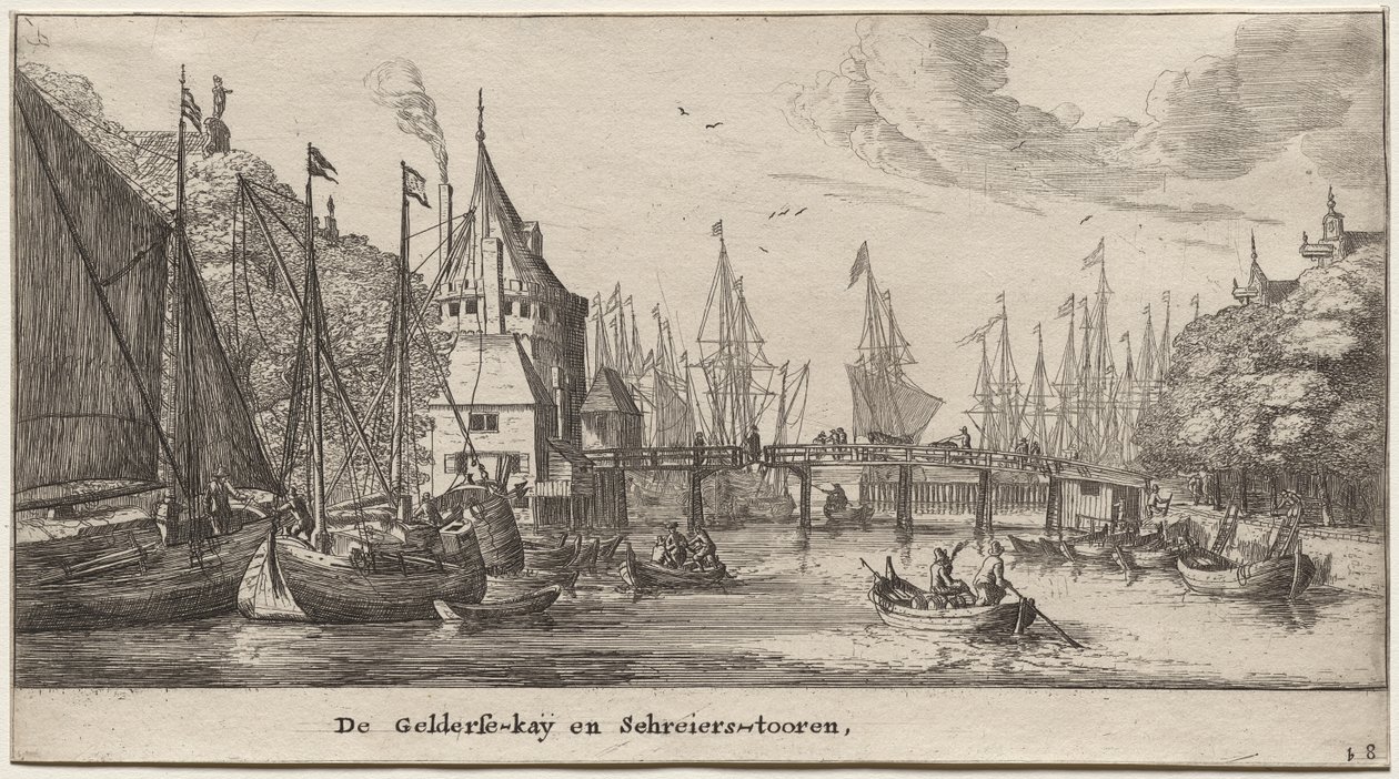 Verschillende schepen en zichten van Amsterdam, Deel II: De Gelderse Kade en Schreierstoren door Clement de Jonghe