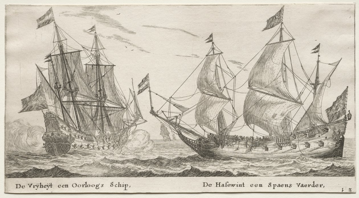 Verschillende schepen en uitzichten van Amsterdam, Deel II: De Vrijheid, een oorlogsschip. De Wolfshond, een Spaans schip door Clement de Jonghe