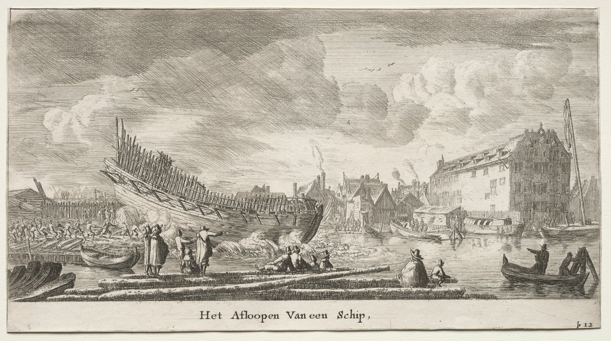 Verschillende Schepen en Zichten van Amsterdam, Deel II: Te Water Laten van een Schip door Clement de Jonghe