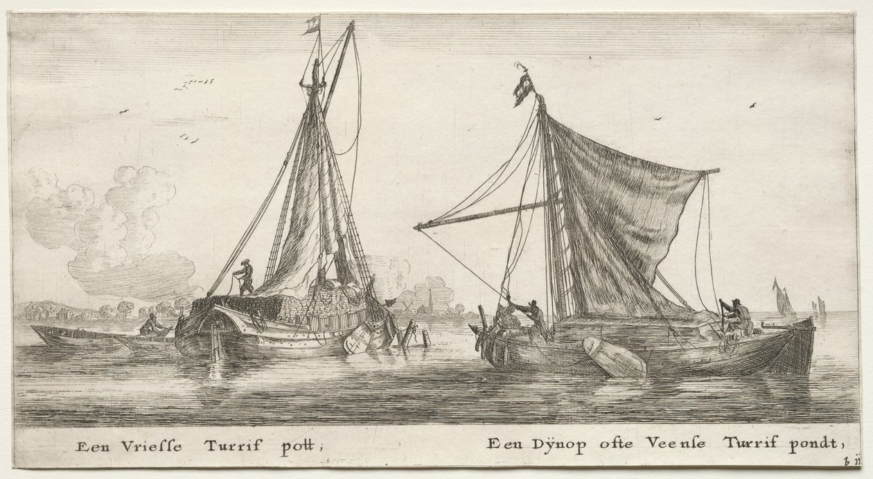 Verschillende Schepen en Uitzichten van Amsterdam (Verscheÿde Schepen en Gesichten van Amstelredam), Deel II: Een Friese Turf Schuit. De Dÿnop, bij de Veensche Turf Vijver door Clement de Jonghe