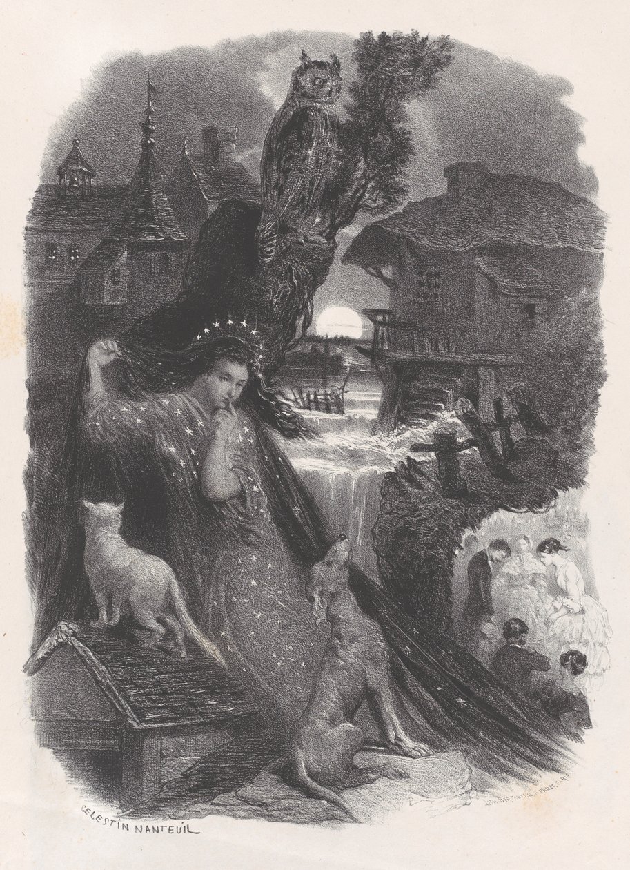 Nacht, vignet van meisje in 18e-eeuws kostuum dat rozen plukt op verso, ca. 1830-65 door Célestin Nanteuil