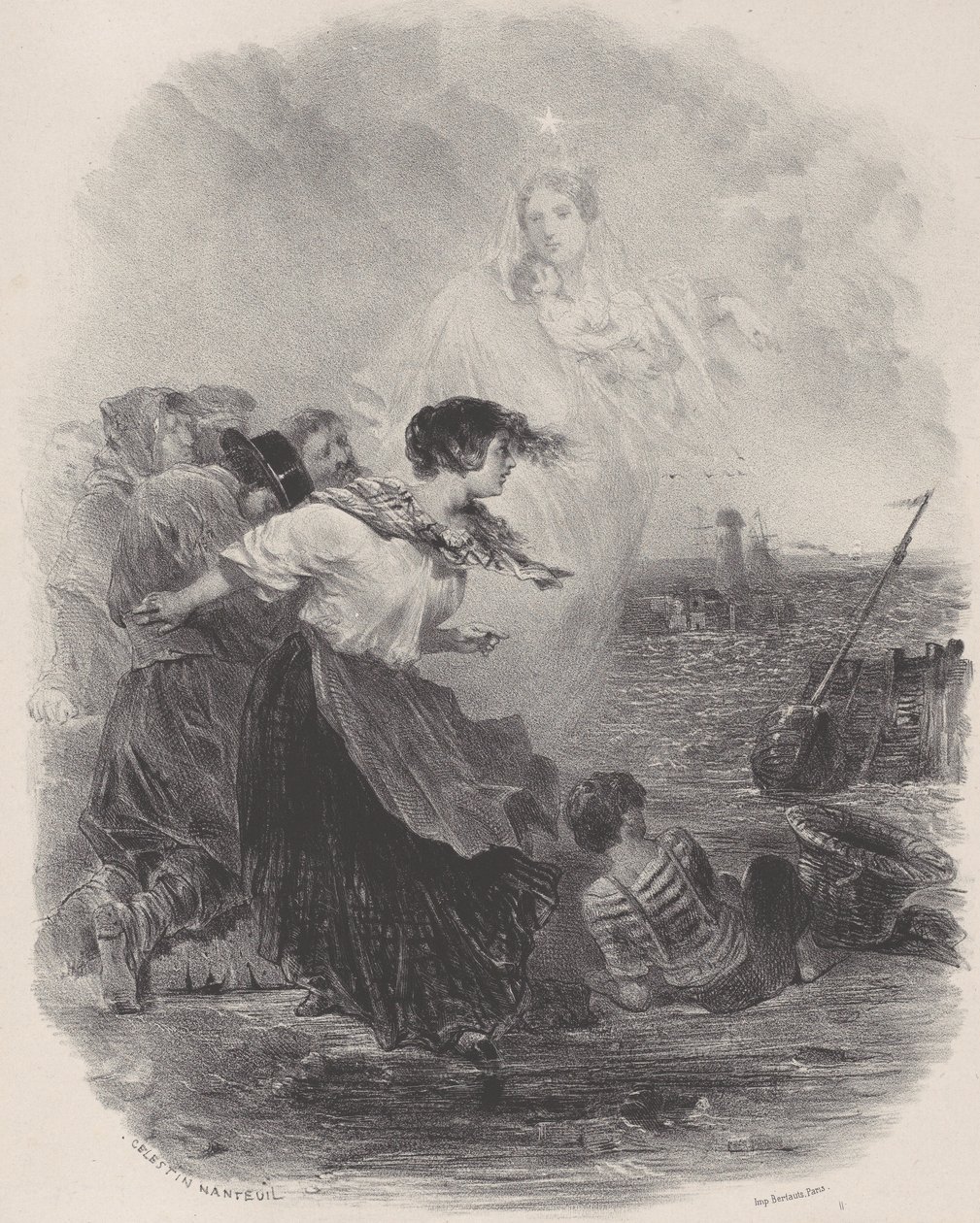 Vrouw bij de zee met de Madonna, wijzend naar een schip, ca. 1848-62 door Célestin Nanteuil