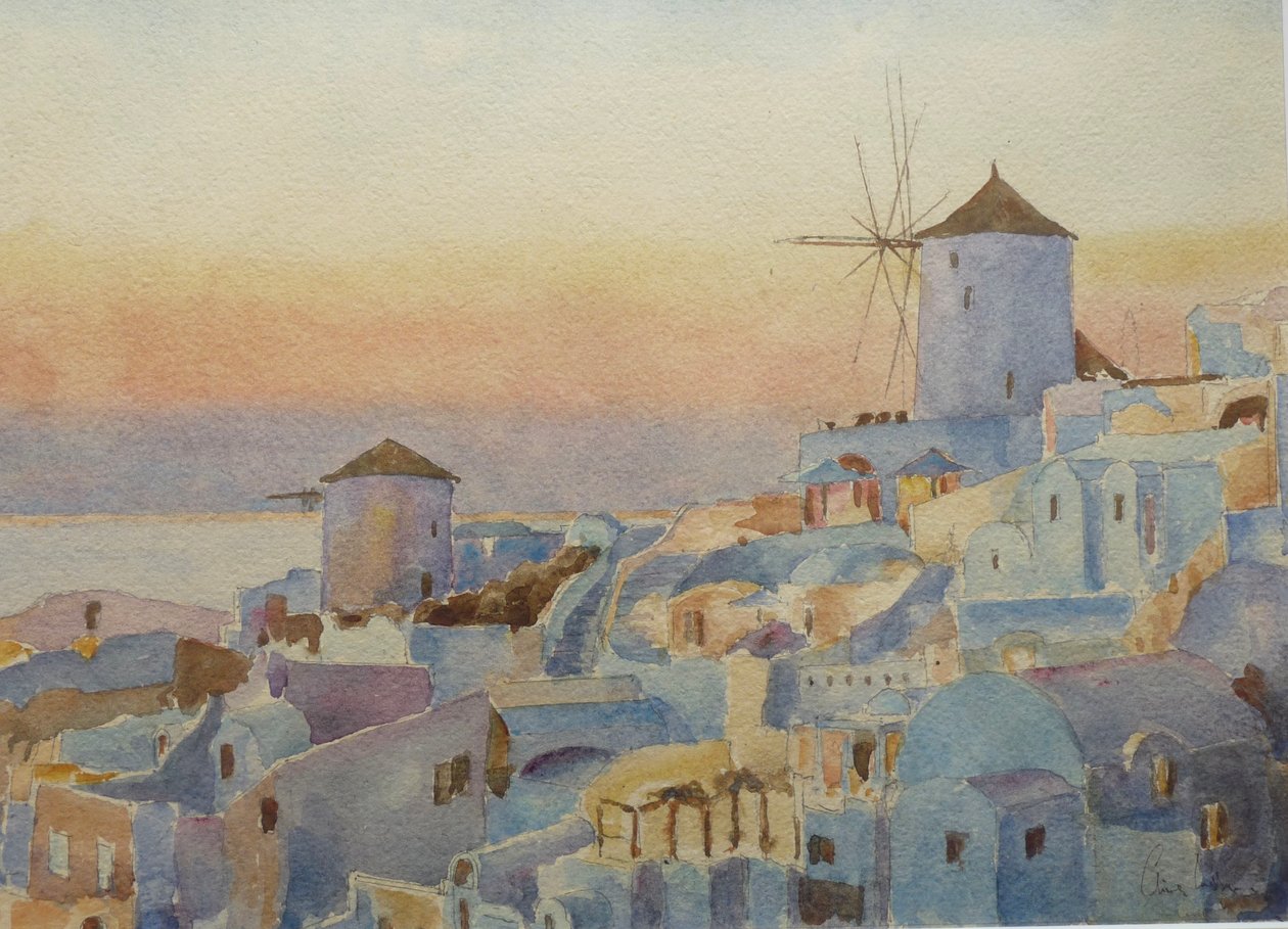 Santorini Oia – Zonsondergang, Verlichtingstijd, 2019 door Clive Wilson