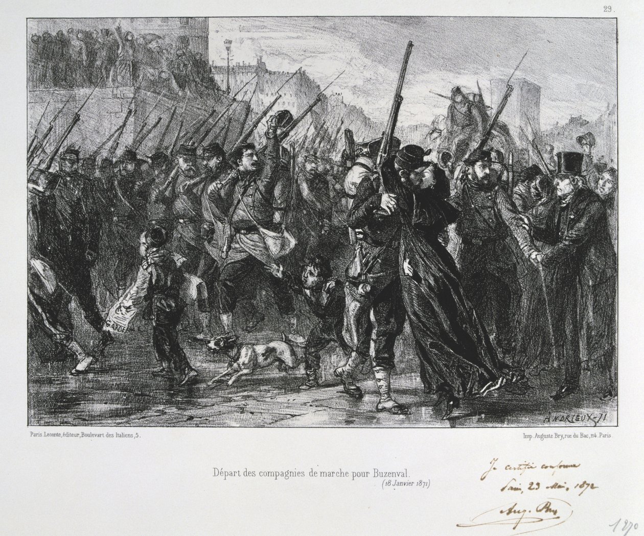 Frans-Duitse Oorlog 1870-1871: Slag bij Buzenval (Mont Valérien) nabij Versailles 19 jan 1871. Nationale Garde marcheert naar de slag en nederlaag. Uit een serie lithografieën door Clément Auguste Andrieux over de Nationale Gardes. door Clément Auguste Andrieux