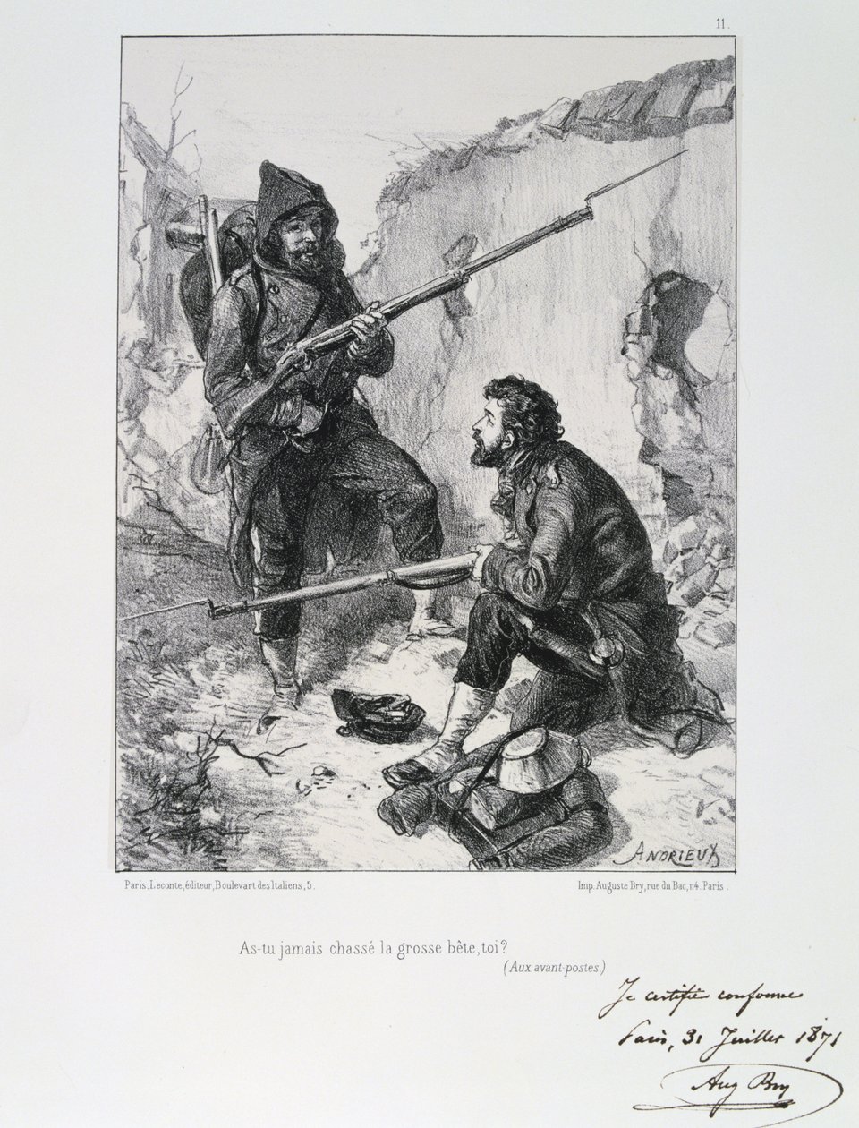 Frans-Pruisische Oorlog 1870-1871. Beleg van Parijs 19 sept 1870-28 jan 1871. Aankomst van de Garde Mobile om Parijs te helpen verdedigen, september 1870. Uit een serie lithografieën door Clement August Andrieux over de Gardes Nationales. door Clément Auguste Andrieux