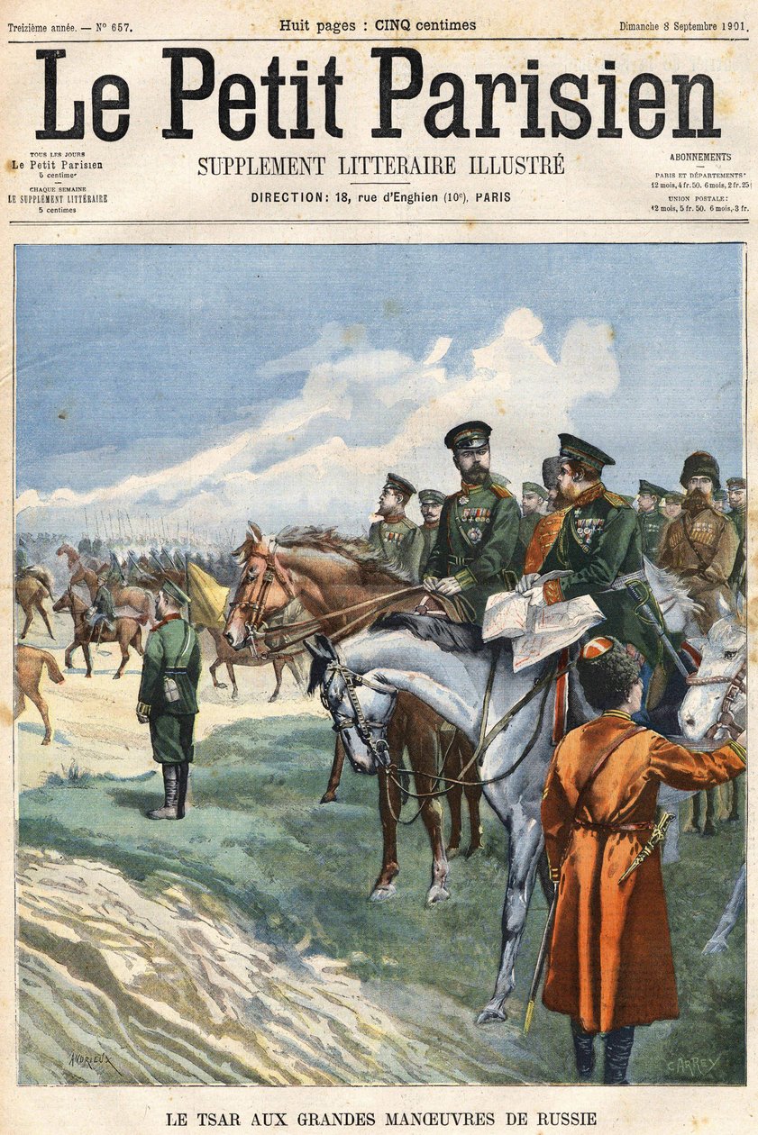 De Tsaar (Nicolaas II) bij de grote manoeuvres van Rusland. Omslag "Le Peute Parisien" van 08/09/1901. door Clément Auguste Andrieux