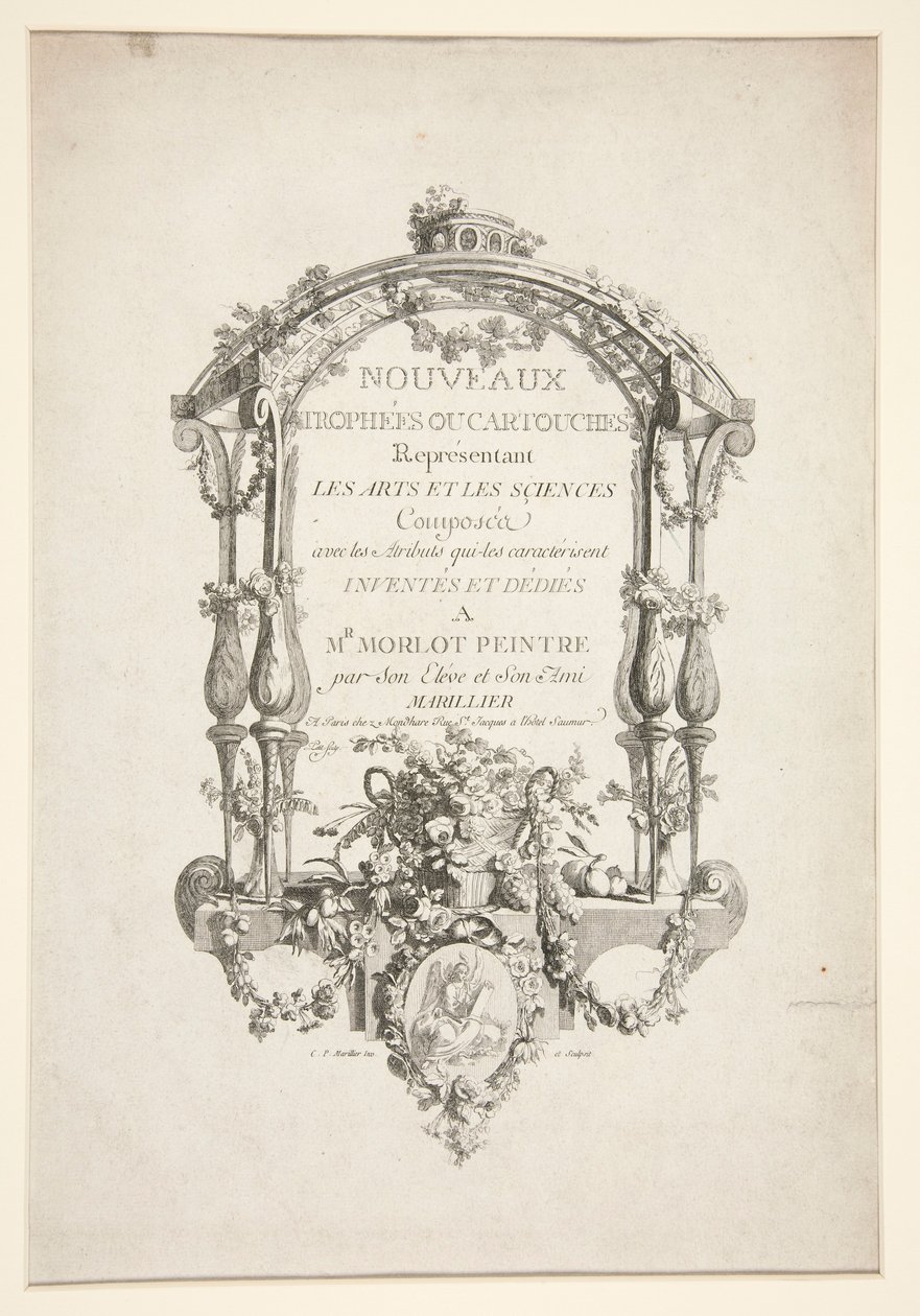 Titelpagina van Nouveaux Trophees ou cartouches representant les arts et les sciences door Clément Pierre Marillier