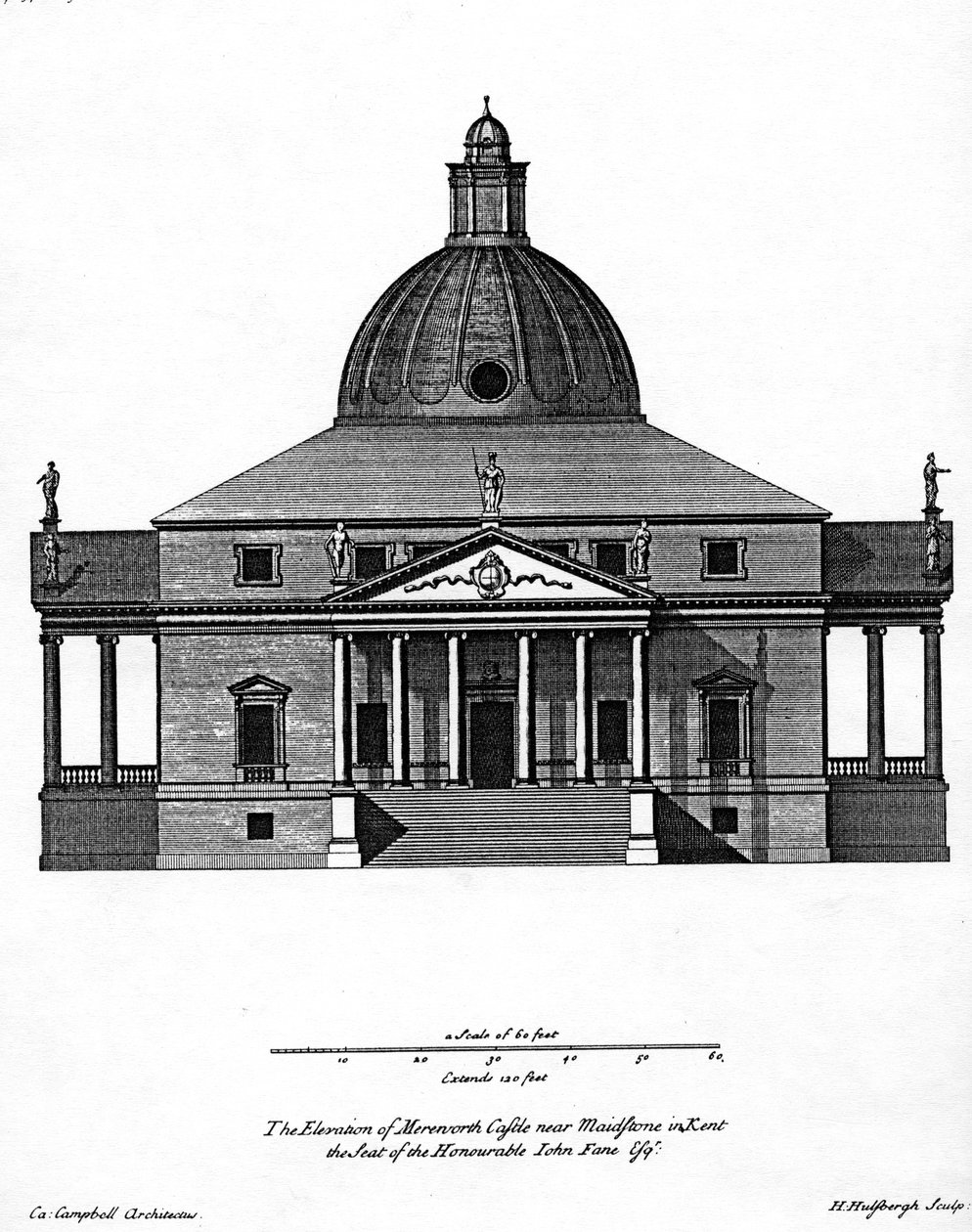Opstand van Mereworth Castle, gegraveerd door H. Hulsbergh, ca. 1722-24 door Colen Campbell
