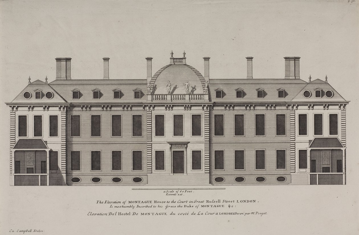 Elevatie van Montague House naar het hof van Great Russell Street, Holborn, c.1725 (gravure) door Colen Campbell