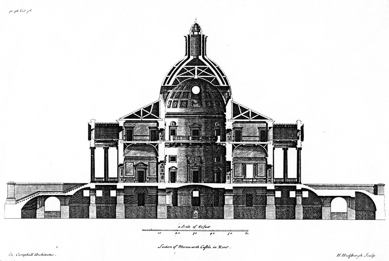 Doorsnede van Mereworth Castle in Kent, gegraveerd door H. Hulsbergh door Colen Campbell