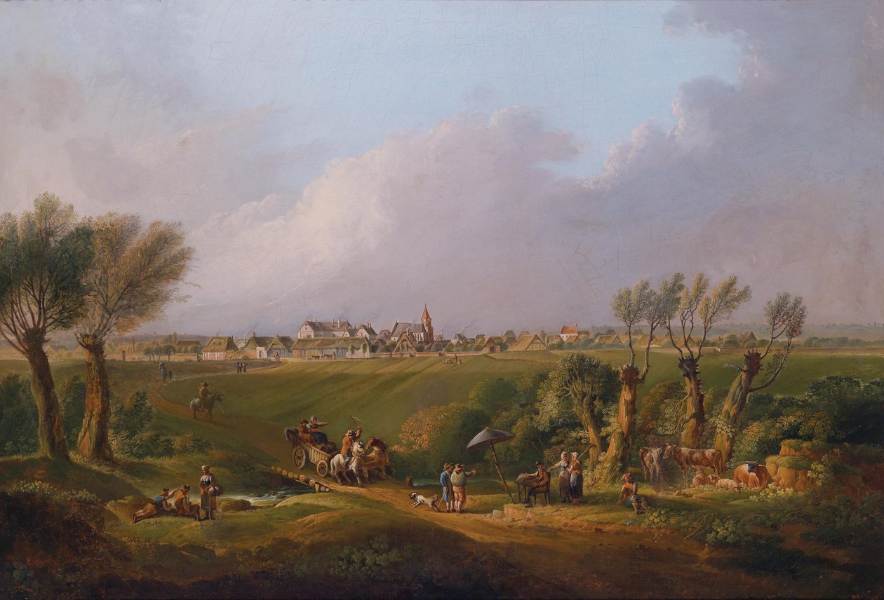 Motief uit het Marchfeld met de plaats Ebenthal op de achtergrond, op de voorgrond de schilder aan de ezel door Conrad Bühlmayer