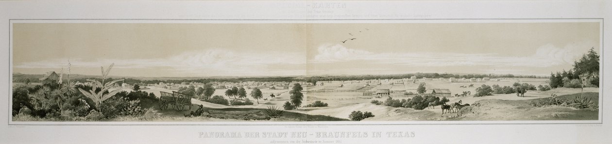 Panorama van de Stad Neu-Braunfels in Texas, opgenomen van de Zuidwestzijde in de Zomer van 1847 door Conrad Caspar (after) Rordorf