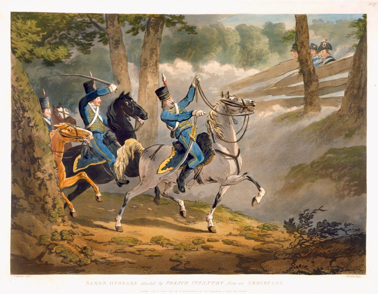 Saksische Huzaren aangevallen door Franse infanterie uit een hinderlaag, uit 
