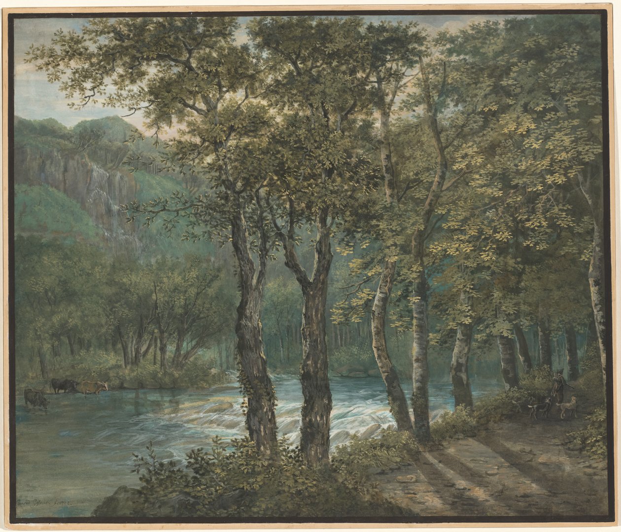 Zonlicht dat door bomen langs de rivier Sihl filtert door Conrad Gessner