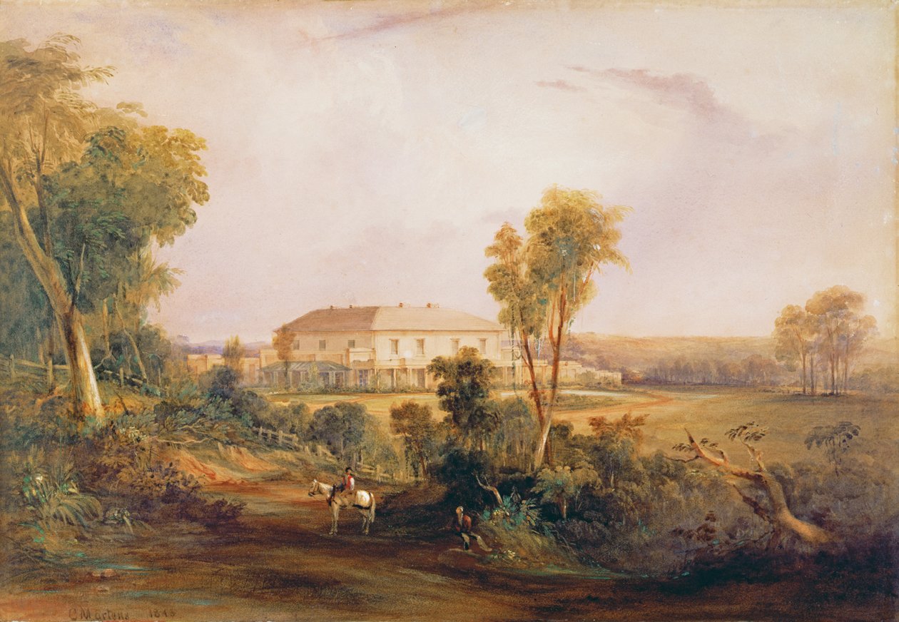 Camden Park House, huis van John MacArthur (1767-1834), 1843 door Conrad Martens