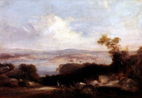 Uitgebreid uitzicht op de haven van Sydney door Conrad Martens