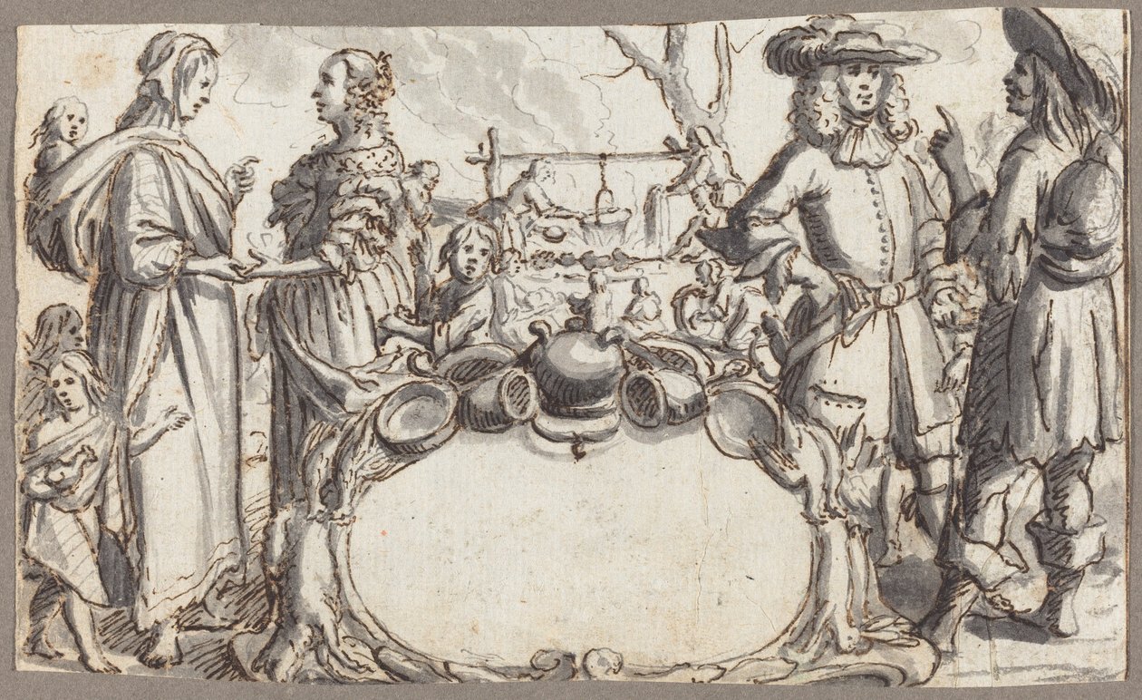 Allegorie op armoede en rijkdom (pen en bruine inkt met grijs gewassen op gelaagd papier) door Conrad Meyer