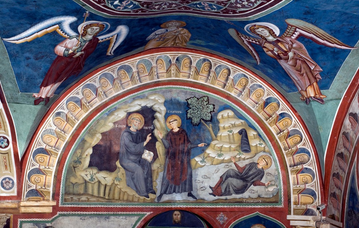 Het wonder van Sint Placide Sint Benedictus van Nursia, dankzij de tussenkomst van Sint Maur zijn eerste discipel, redt de jonge Placide die in de stroom van een meer is gevangen. Fresco door Meester Consolo (13e eeuw) Onderkerk. Klooster van Sint Benedett door Consolo 