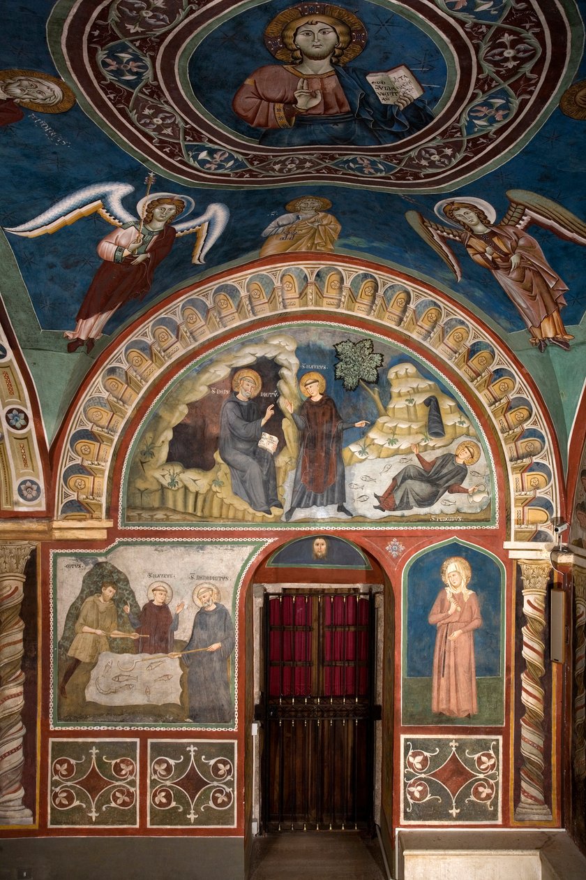 Verschillende episodes uit het leven van Sint-Benedictus: in het midden Het wonder van Sint-Placide Sint-Benedictus van Nursia, dankzij de tussenkomst van Sint-Maur, zijn eerste discipel, redt de jonge Placide die in de stroom van een meer is gevangen. Hie door Consolo