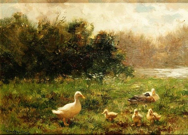 Eend en Eendjes aan de Rivieroever door Constant Artz