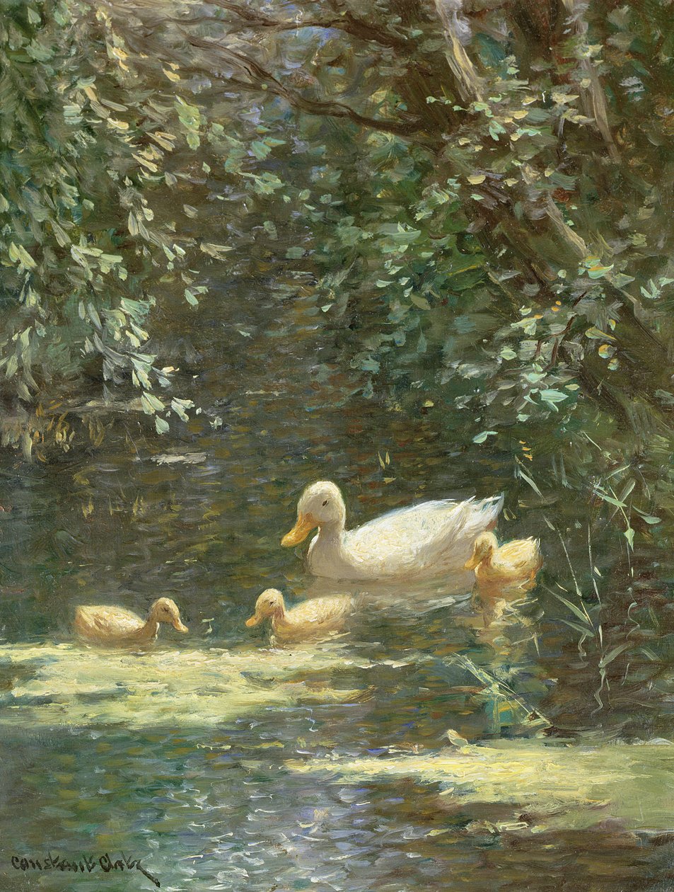 Moedereend met Eendjes in het Water door Constant Artz