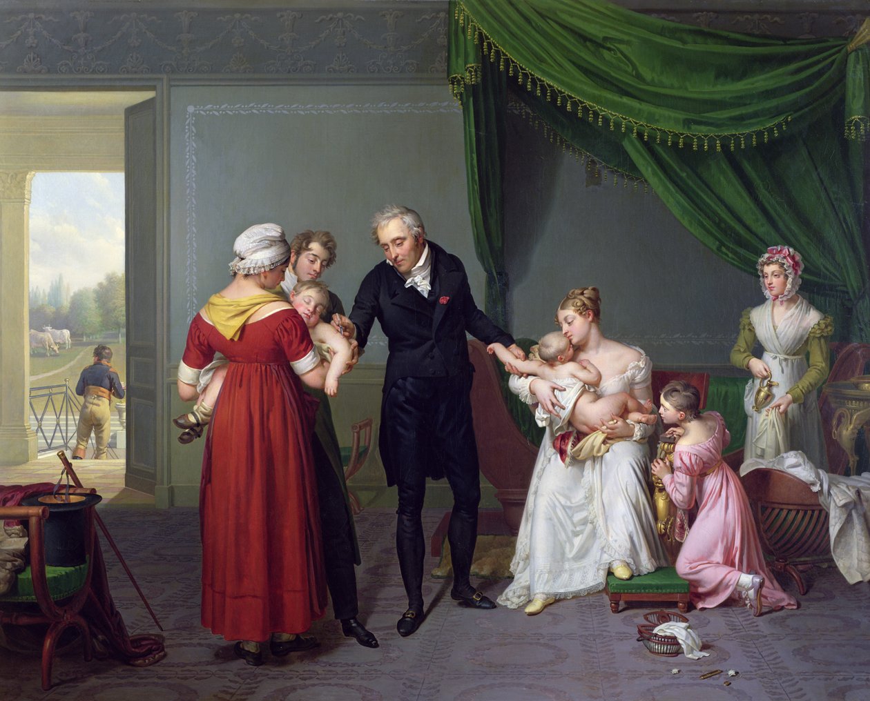 Baron Jean Louis Alibert (1768-1837) voert de vaccinatie tegen pokken uit in het kasteel van Liancourt, ca. 1820 door Constant Joseph Desbordes
