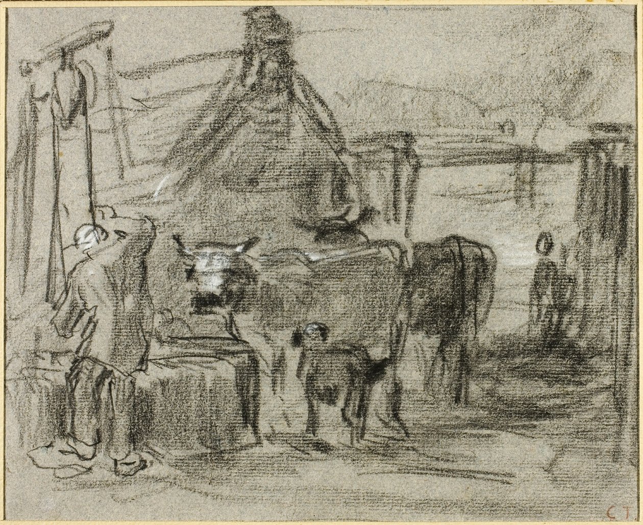 Boerderij met mens en vee door Constant Troyon