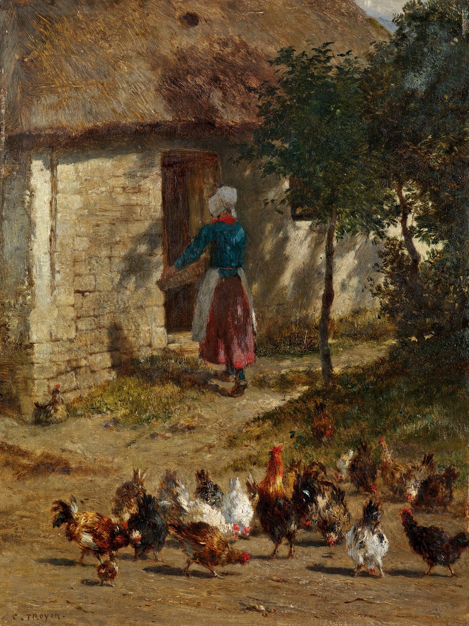 Kippen voor een boerderij door Constant Troyon