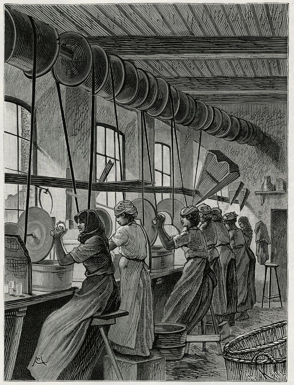 Een vrouwenwerkplaats in de glasfabriek van Val Saint Lambert. Gravure door C.Meunier ter illustratie van het verhaal 