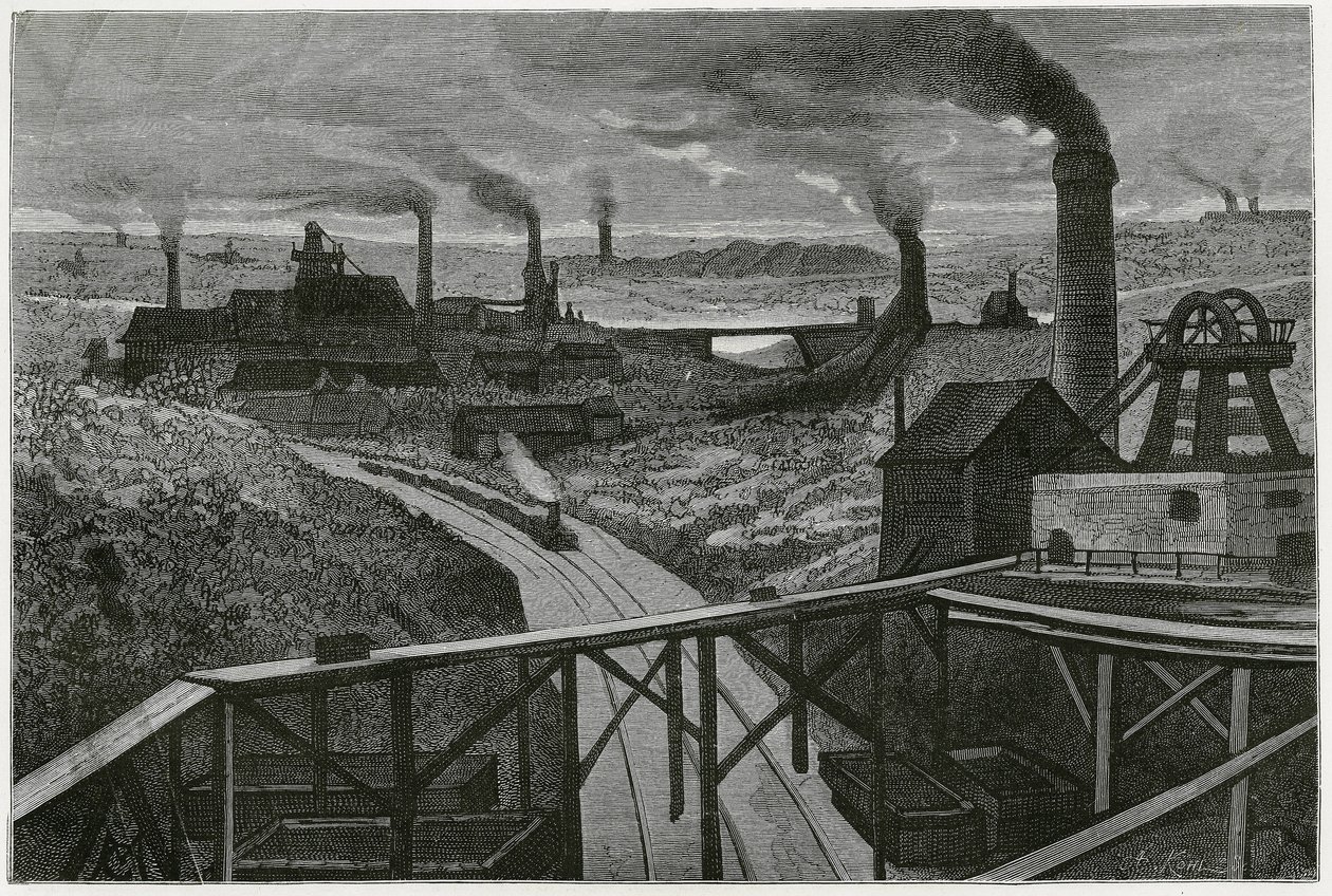 Steenkoolmijnbouw en terrils (aspecten van de contree boraine). Gravure door Constant Meunier, ter illustratie van het verhaal 