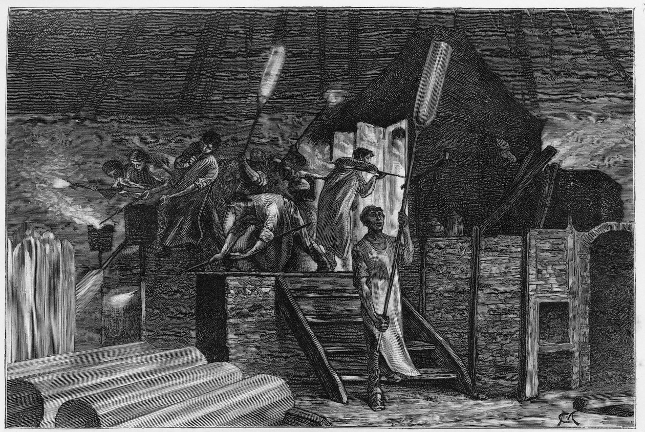 Binnen een glasfabriek, in Lodelinsart (of Lodlinsat, in de stad Charleroi). Gravure door Constant Meunier, ter illustratie van het verhaal 