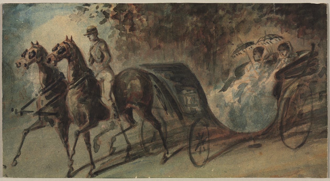 Koets in het Bois de Boulogne, 1800s door Constantin Guys