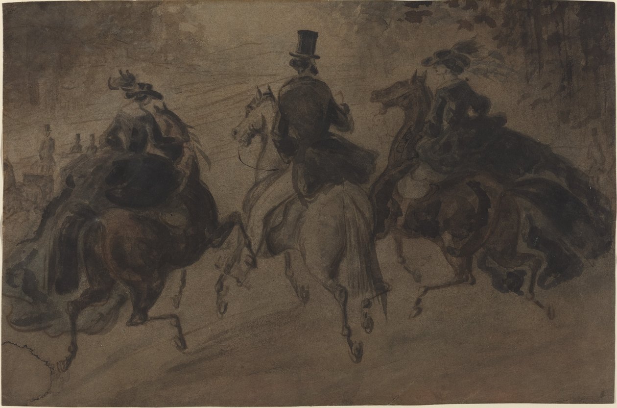 Kavalier en twee dames te paard door Constantin Guys
