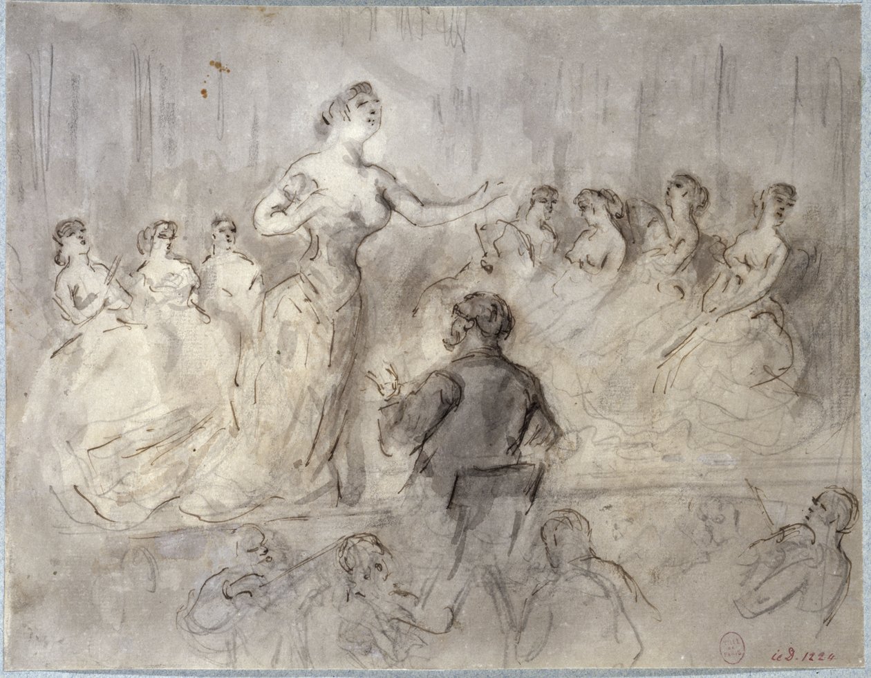 Scène in een café-concert, orkest en zangeressen, circa 1875-1880 door Constantin Guys