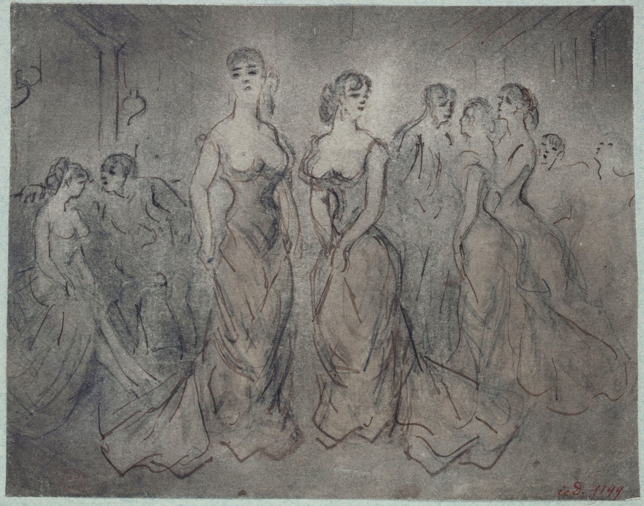 Interieur van een bordeel, vrouwen en mannen, rond 1875 door Constantin Guys