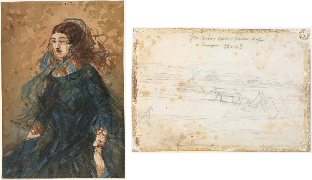 Vrouw in een Blauwe Jurk (recto); Oorlogskamp Scène (verso) door Constantin Guys
