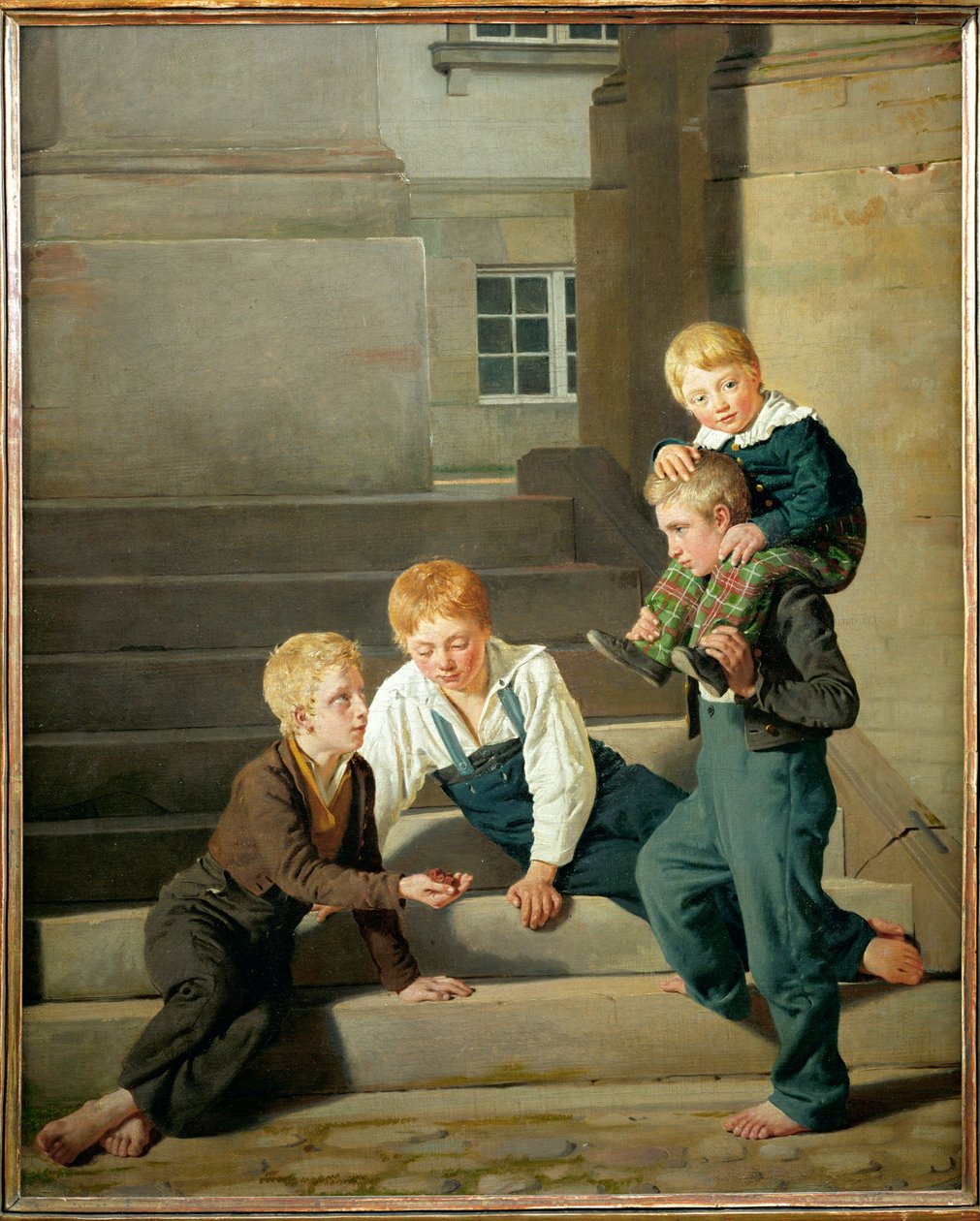 Jongens dobbelen voor paleis Christiansborg in Kopenhagen (schilderij op doek) door Constantin Hansen