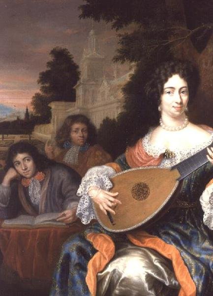 Een Vrouw die een Luit speelt, met haar twee zonen achter haar door Constantin Netscher
