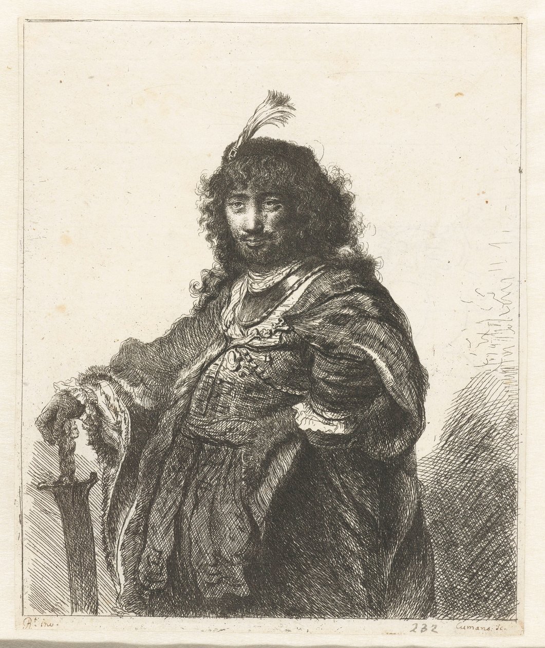 Zelfportret (?) met gevederde hoed en neergeslagen sabel door Constantino Cumano