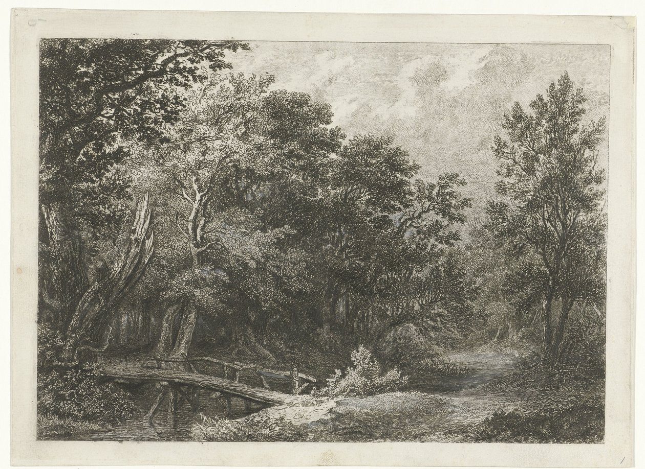 Bosgezicht met houten brug door Constantinus Cornelis Huysmans