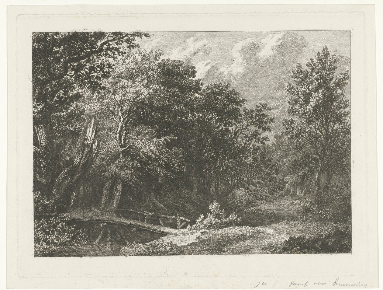 Bosgezicht met houten brug door Constantinus Cornelis Huysmans
