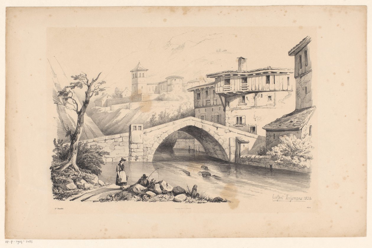 Brug over rivier in bergdorp door Constantinus Cornelis Huysmans