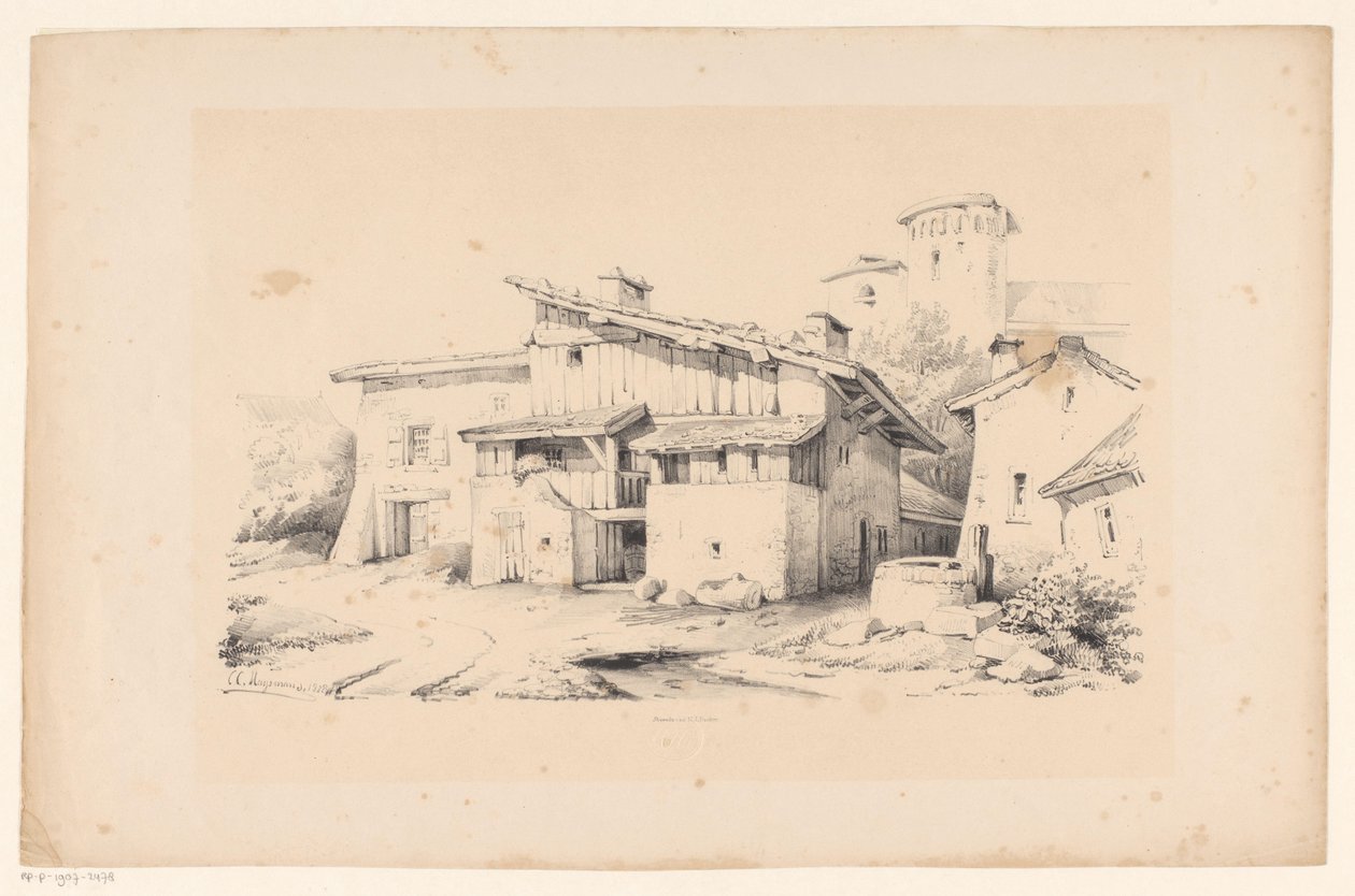 Huizen en toren door Constantinus Cornelis Huysmans