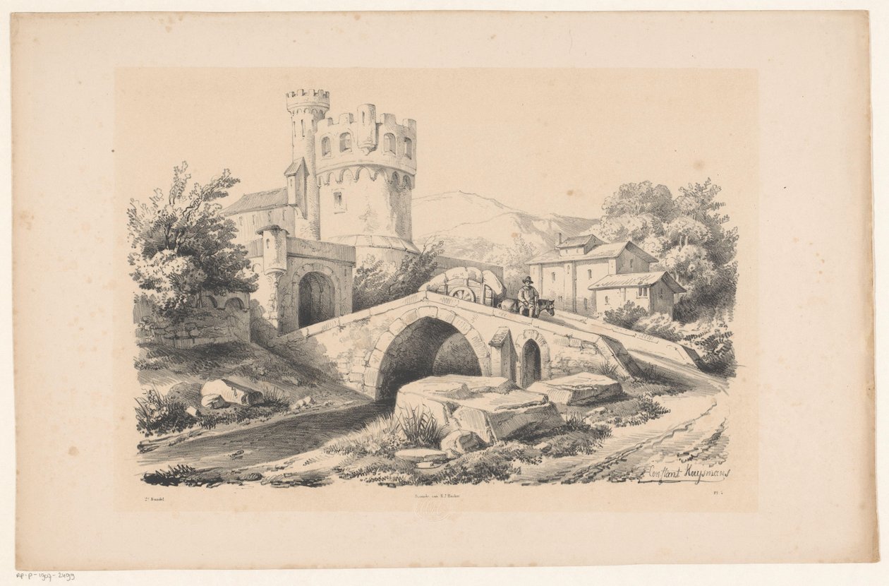 Landschap met fort en brug door Constantinus Cornelis Huysmans